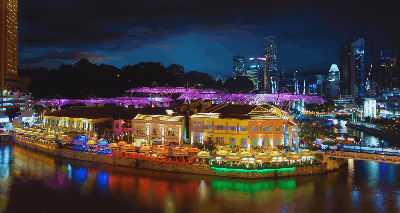 Skyline of Singapore at night with vibrant nightlife and shopping streets