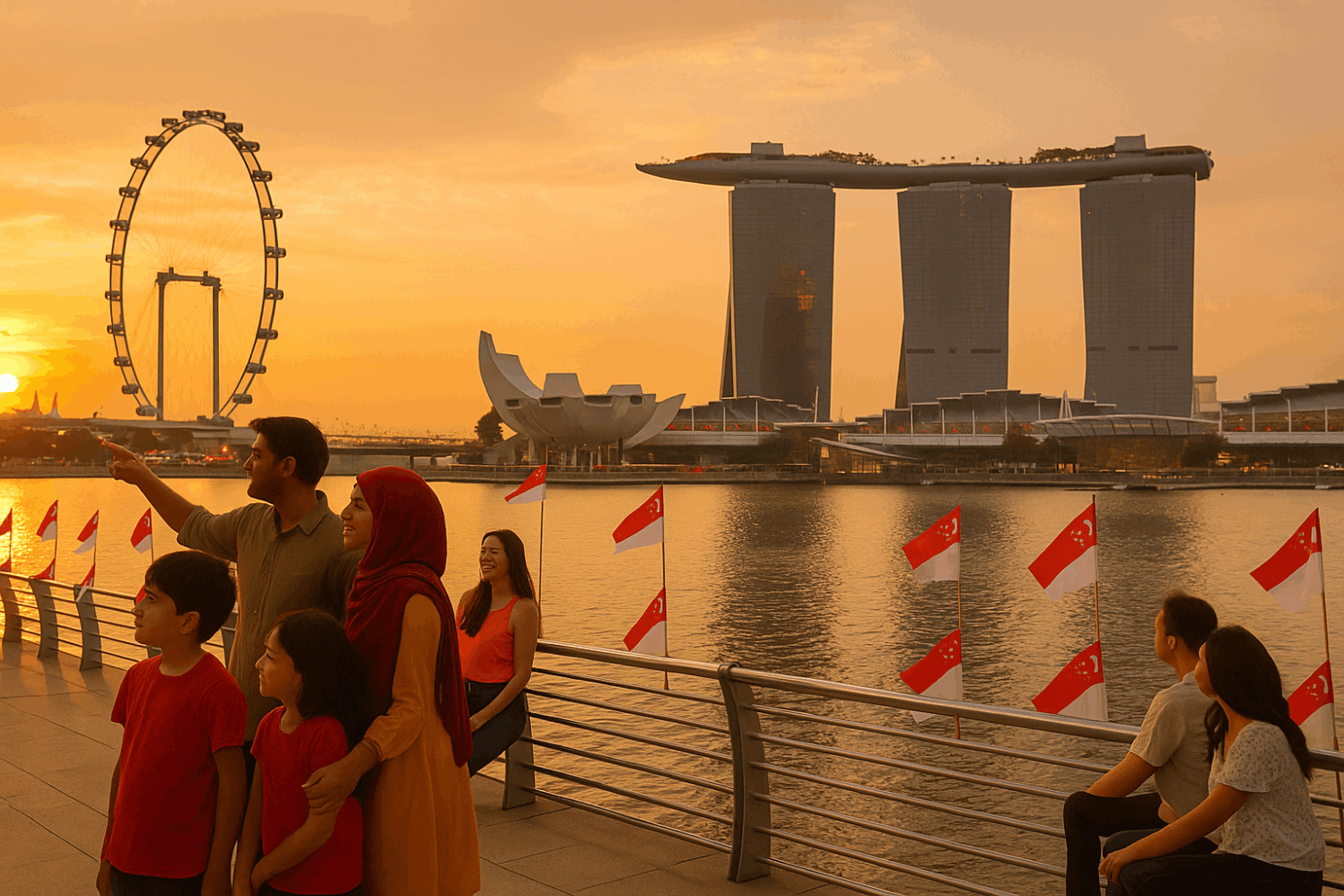 Happy family posing at Merlion Park in Singapore with the iconic marina bay city skyline in the background