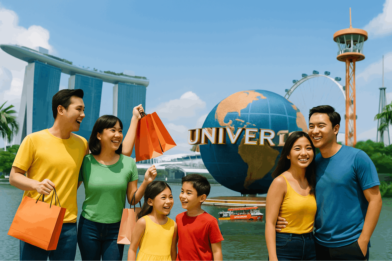 Family and couple enjoying top attractions in Singapore with Singapore City Pass during Great Singapore Sale 2025