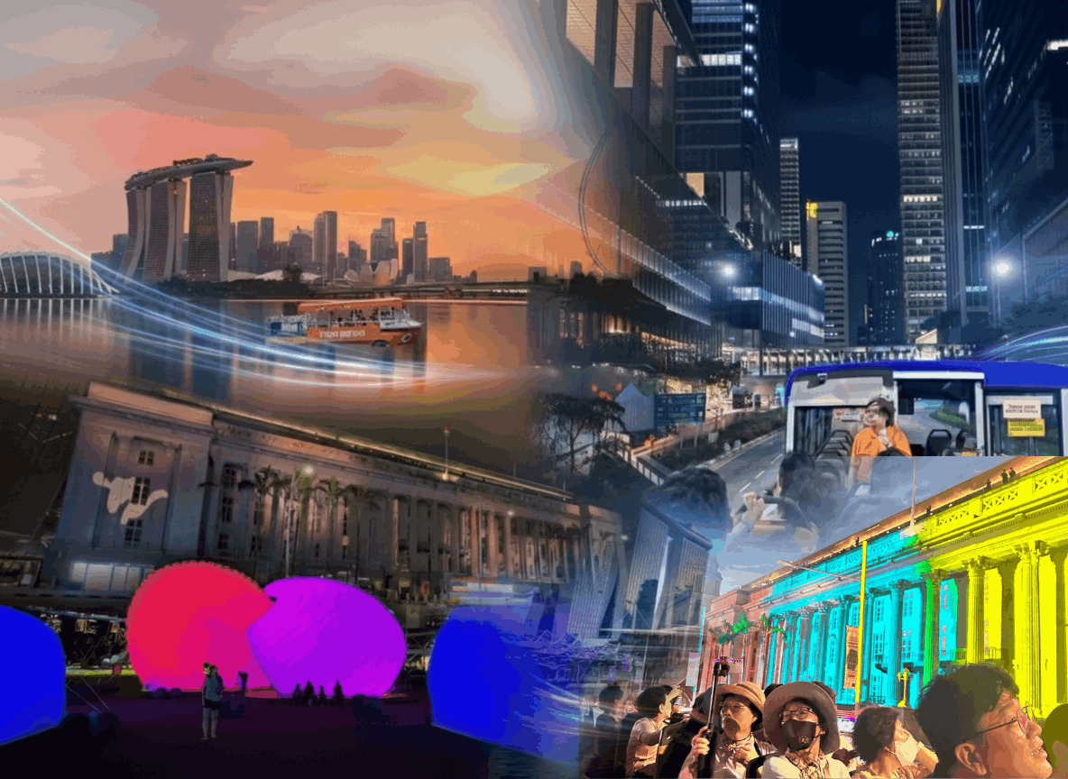 A collage featuring the illuminated National Gallery Singapore during the Light to Night Festival 2026, alongside the Captain Explorer DUKW boat at sunset and the FunVee open-top bus tour.
