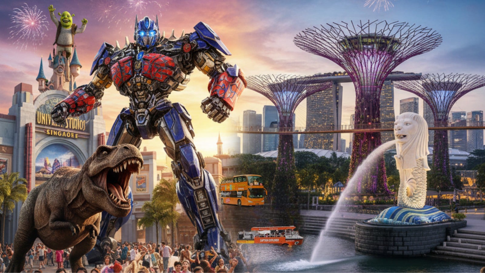 A vibrant collage representing the Singapore City Pass, featuring Optimus Prime from Transformers, a T-Rex from Jurassic Park, Shrek, and the Universal Studios Singapore globe, alongside the Merlion fountain, the Supertree Grove at Gardens by the Bay, and a orange red FunVee open-top bus under fireworks.