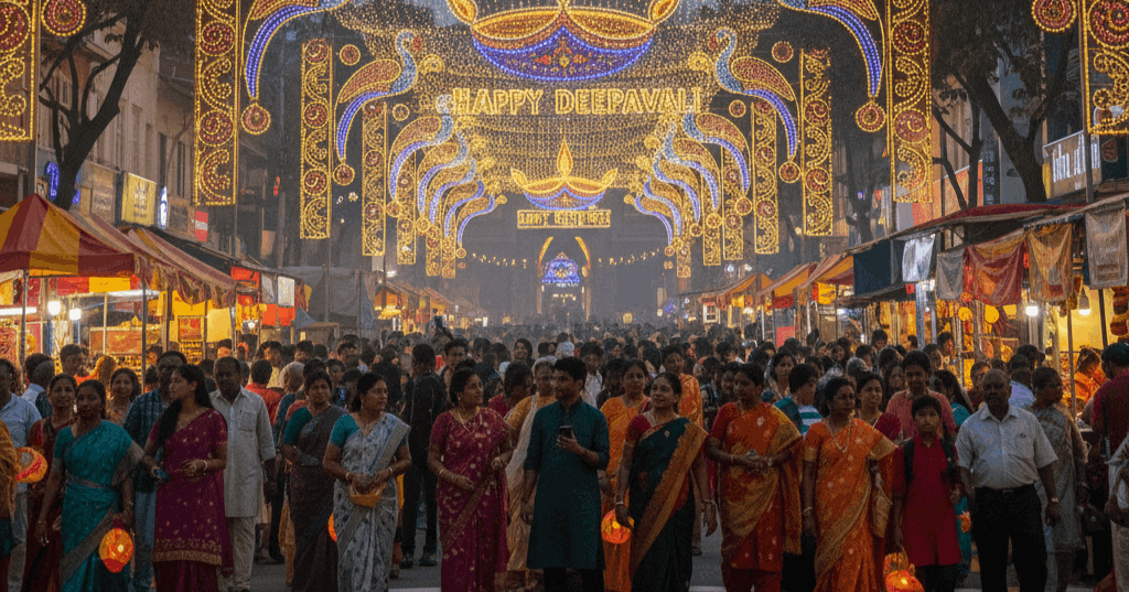 A night shot of the Deepavali decoration arching over a bustling street in Little India, Singapore.