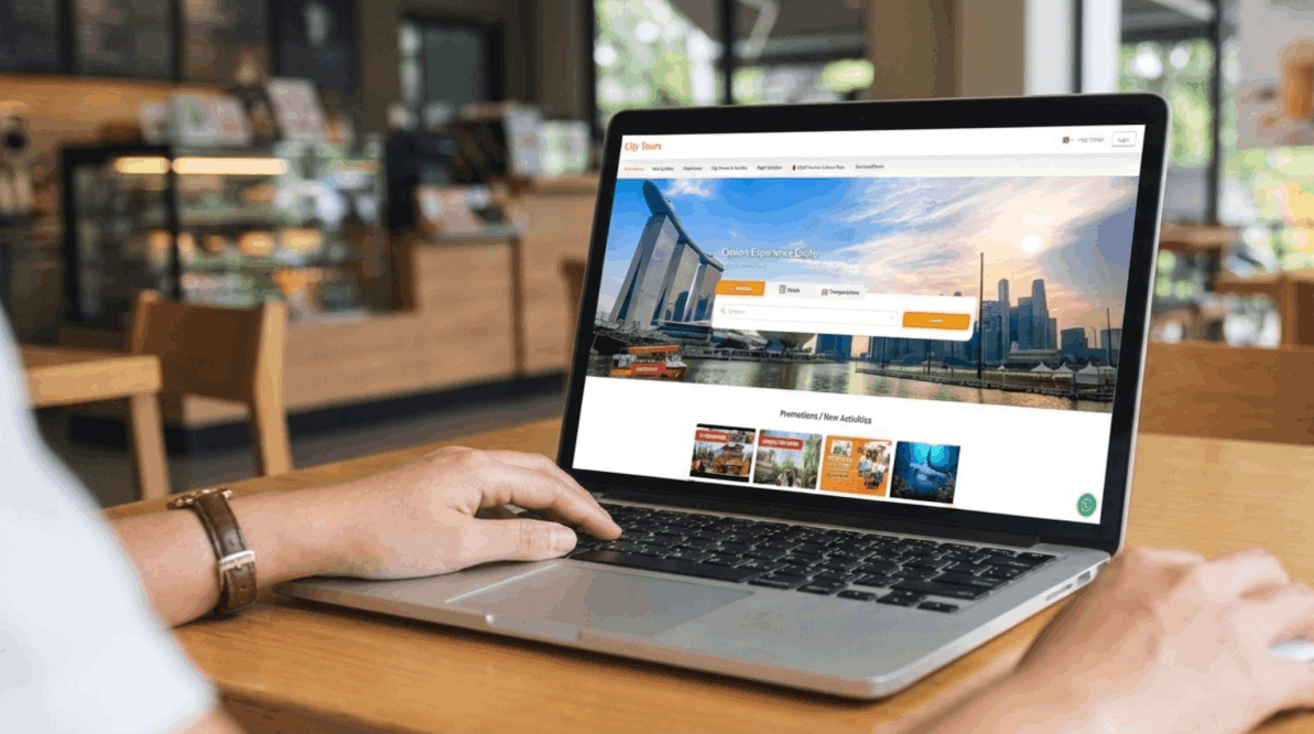 Homepage of the City Tours Singapore website (citytours.sg) featuring the Captain Explorer DUKW Tour and Marina Bay Sands, with an easy-to-use search bar for booking attraction tickets online.