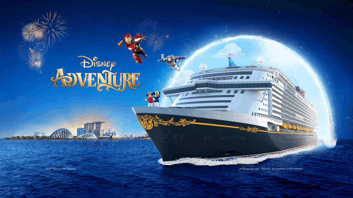 Disney Adventure Cruise featuring a magical cruise ship, Disney characters, themed entertainment, and ocean views.