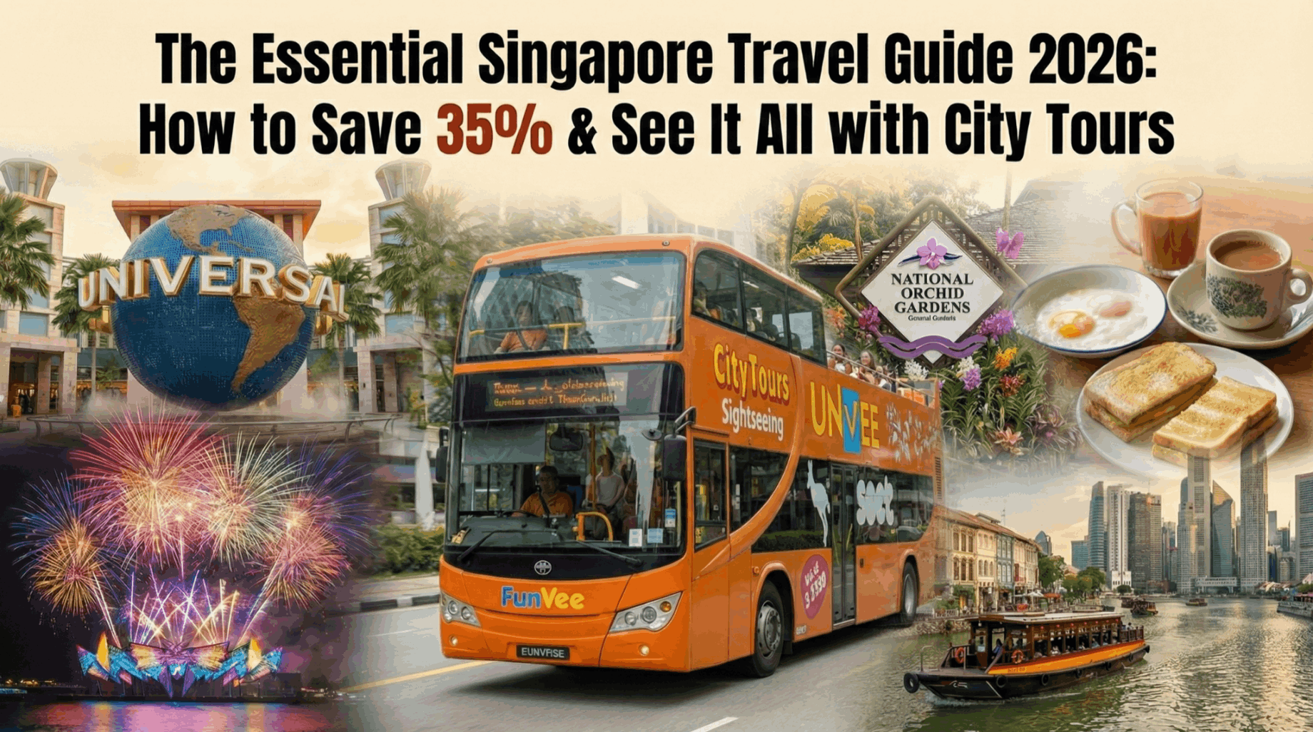 A collage featuring Singapore attractions including Universal Studios, National Orchid Gardens, and a River Cruise, centered around an orange FunVee open-top bus. Text reads: 