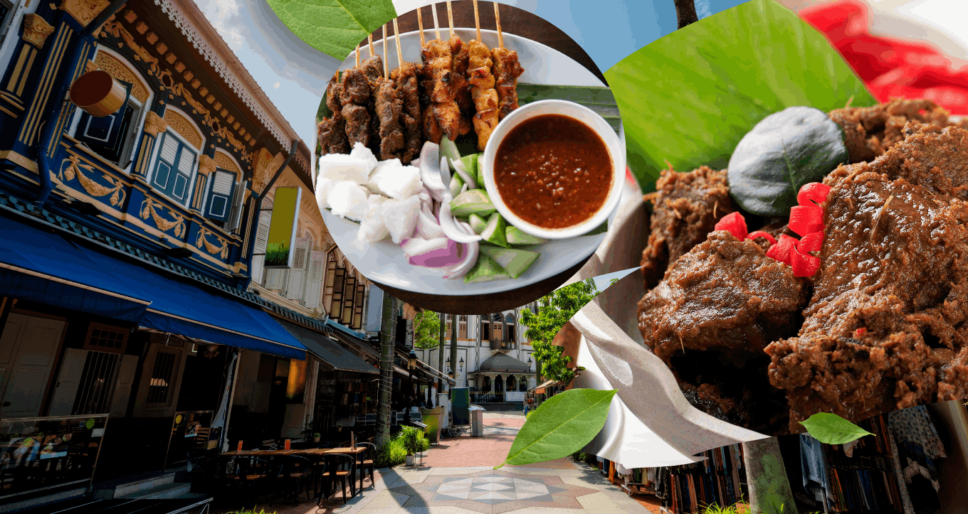 Family enjoying traditional Malay dishes like rendang, ketupat, and satay during Hari Raya Haji celebrations in Singapore.