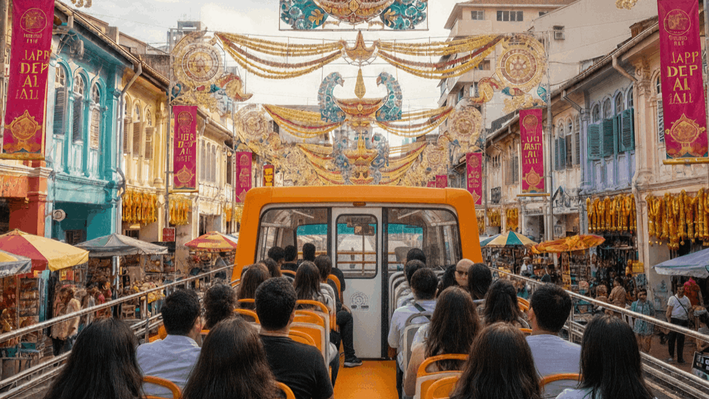 Tourists enjoying the spectacular view of of the Deepavali decor in Little India Singapore from the upper deck of a FunVee open-top sightseeing bus.