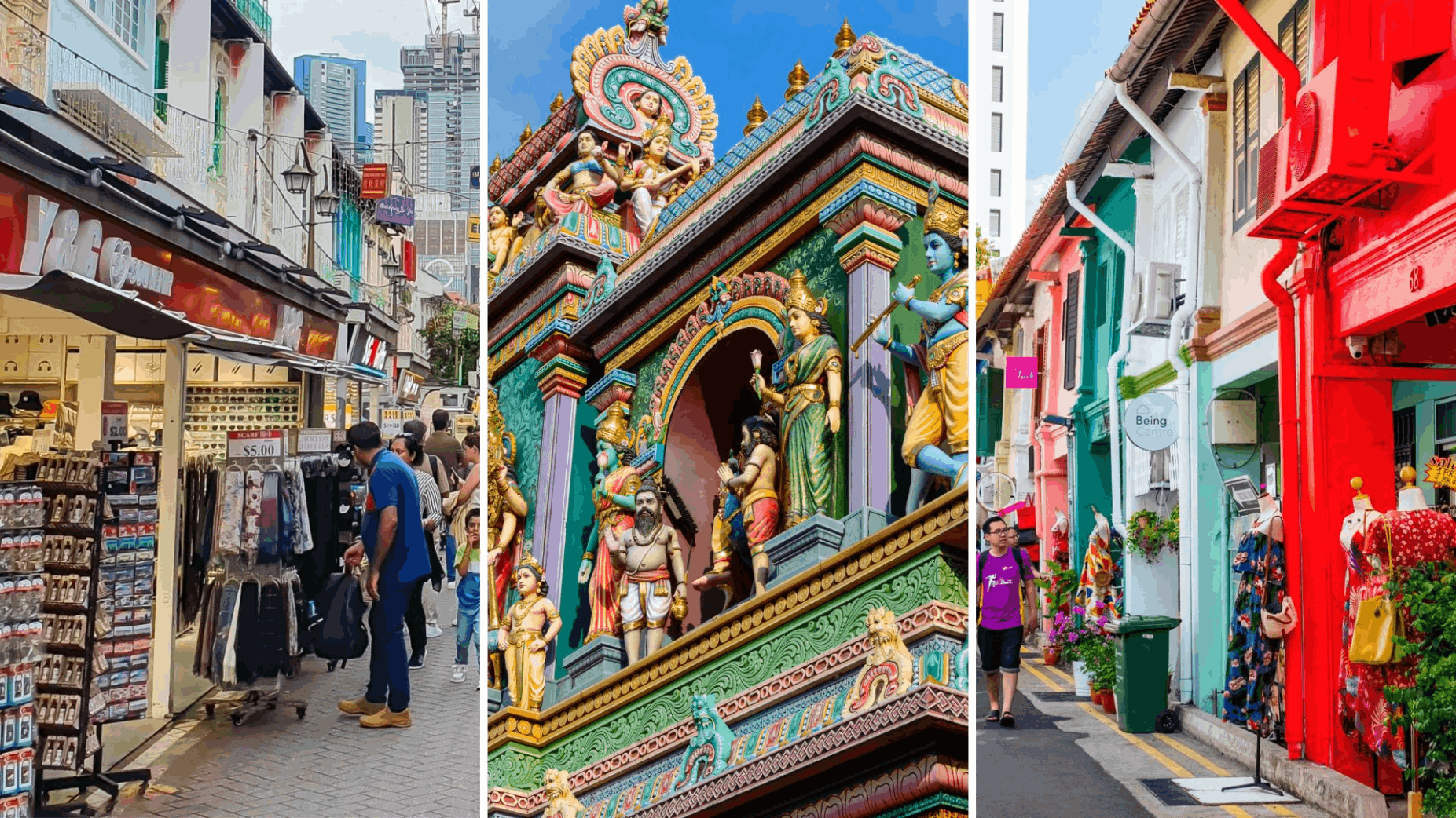 Collage featuring three key cultural districts in Singapore: Chinatown street shops, intricate Hindu temple carvings in Little India, and colourful shophouses in Kampong Gelam.