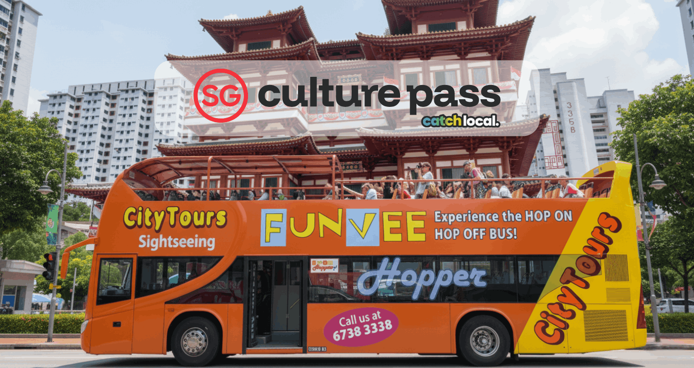 FunVee sightseeing bus with SG Culture Pass and CatchLocal logos displayed across the image, promoting SG60 Culture Pass activities