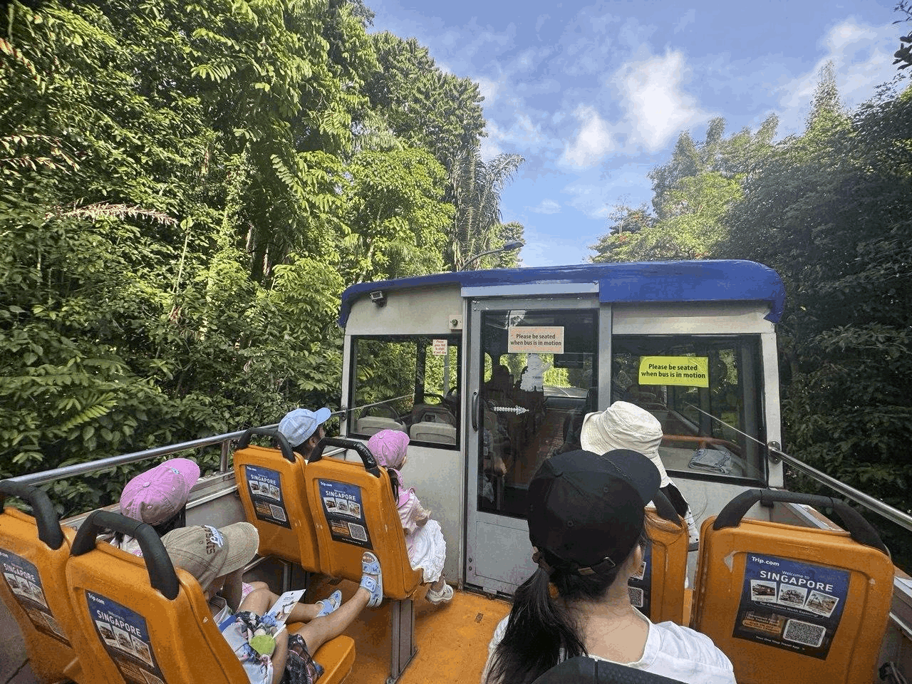 A family with children enjoying a sightseeing tour on the upper deck of an open-top FunVee™ bus in Singapore, surrounded by lush green trees.