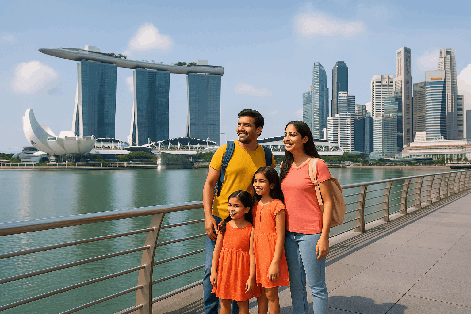An Indian family with young children sightseeing in Singapore, standing on a promenade near Marina Bay with iconic landmarks.