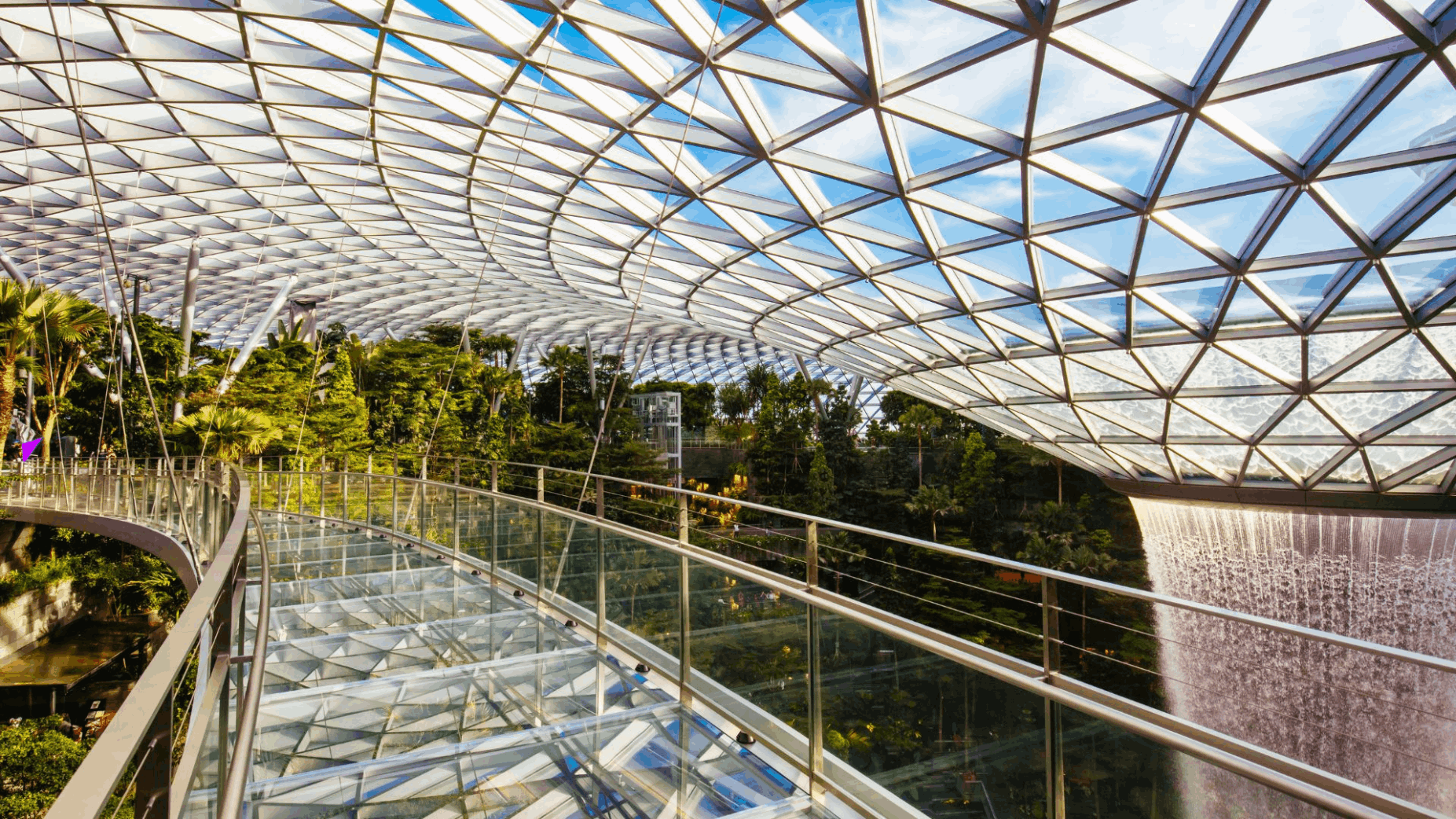 Canopy Bridge at Jewel Changi Airport overlooking the Rain Vortex, a scenic attraction for travellers staying near the airport during a Singapore stopover.
