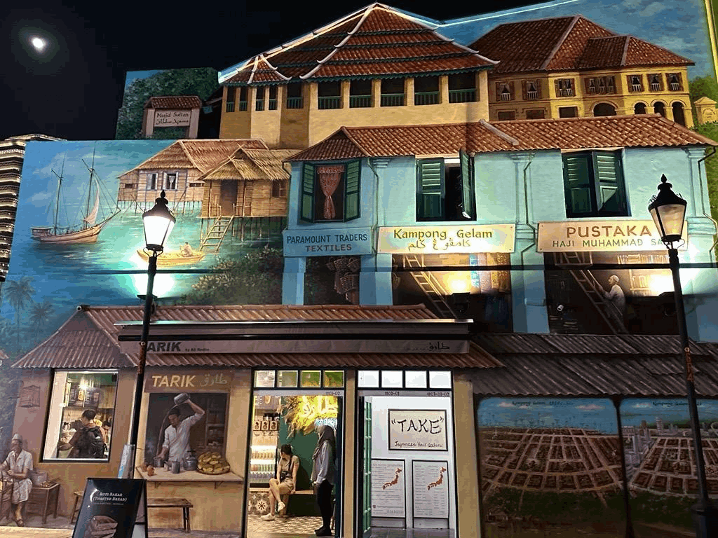 A picturesque view of Kampong Glam, showcasing its unique Malay and Arab heritage with stunning mosques, traditional shophouses, and vibrant street art, reflecting the rich cultural fusion of the area.