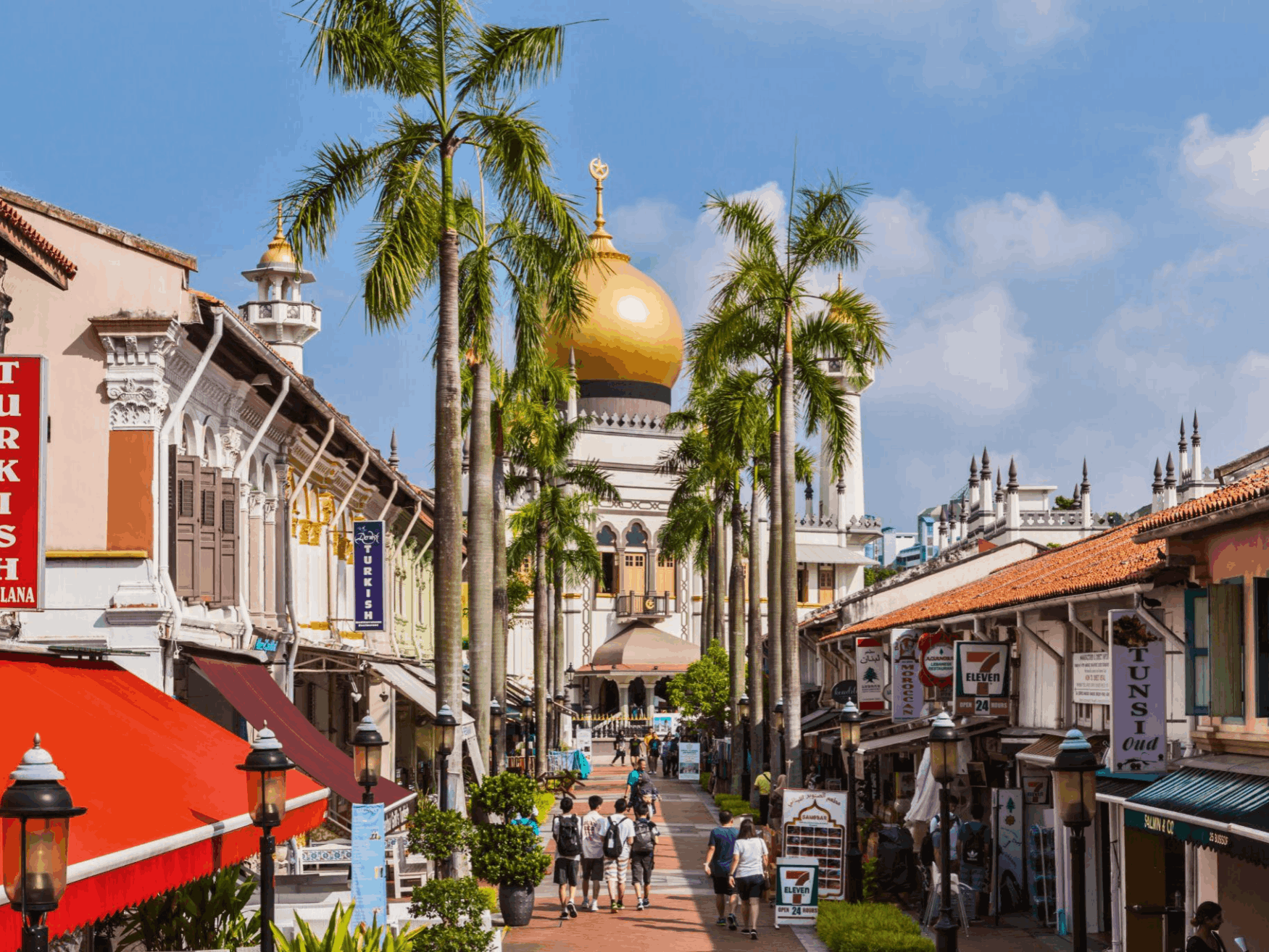 Kampong Glam shopping street with Sultan Mosque in the background, a popular heritage and retail area in Singapore