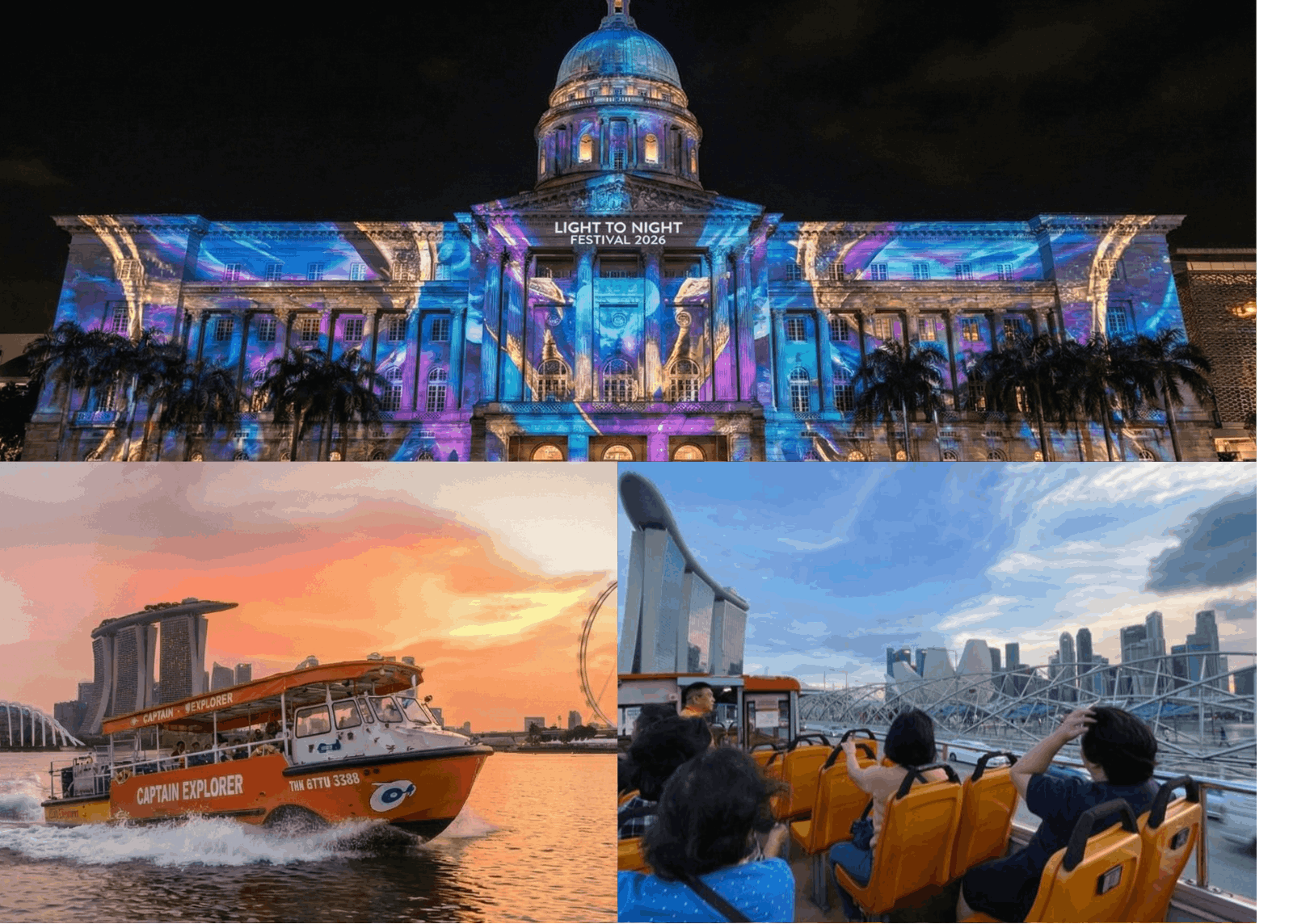 A collage featuring the illuminated National Gallery Singapore during the Light to Night Festival 2026, alongside the Captain Explorer DUKW boat at sunset and the FunVee open-top bus tour