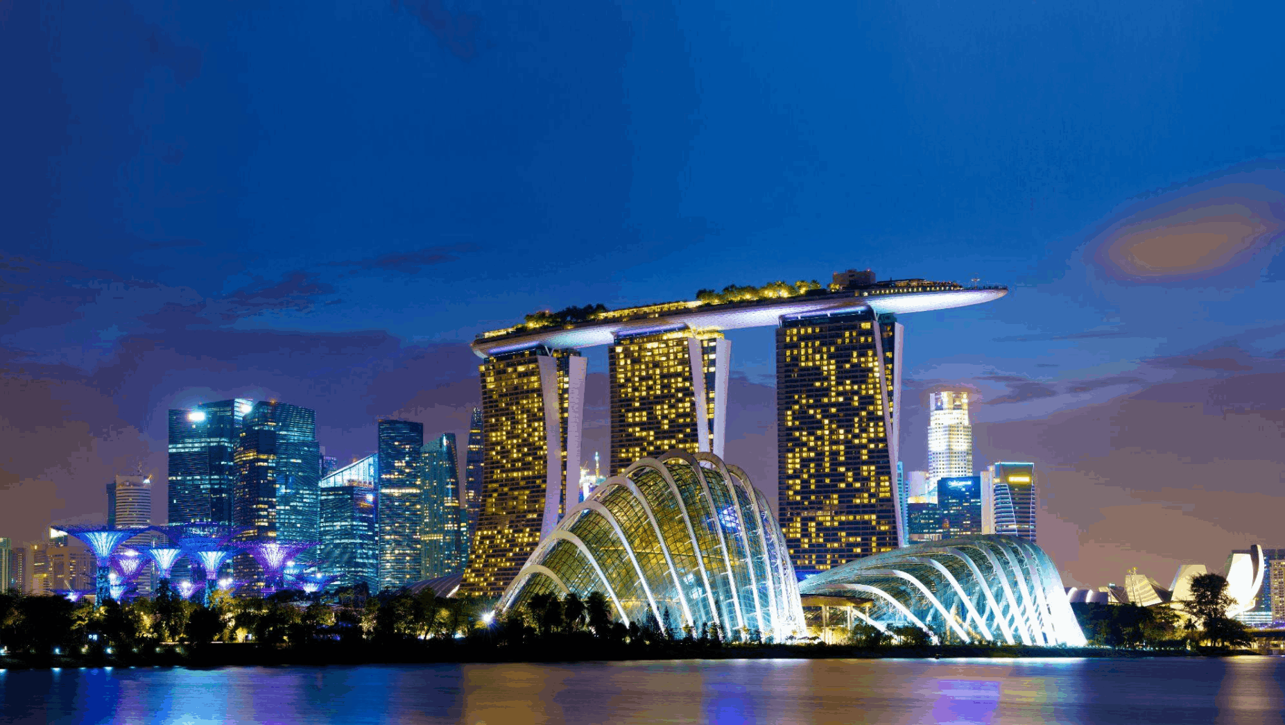 Marina Bay Sands and Gardens by the Bay illuminated at night, showing Singapore’s skyline and waterfront views after dark.Marina Bay Sands and Gardens by the Bay illuminated at night, showing Singapore’s skyline and waterfront views after dark.