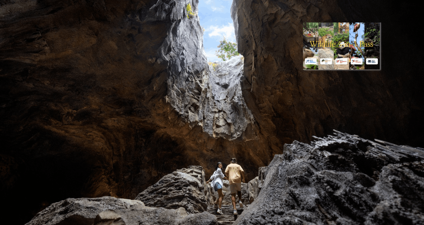 The dramatic cave-like entrance to the Rainforest Wild Asia park in Singapore, accessible with the Wildlife 5-in-1 FunVee City Pass.