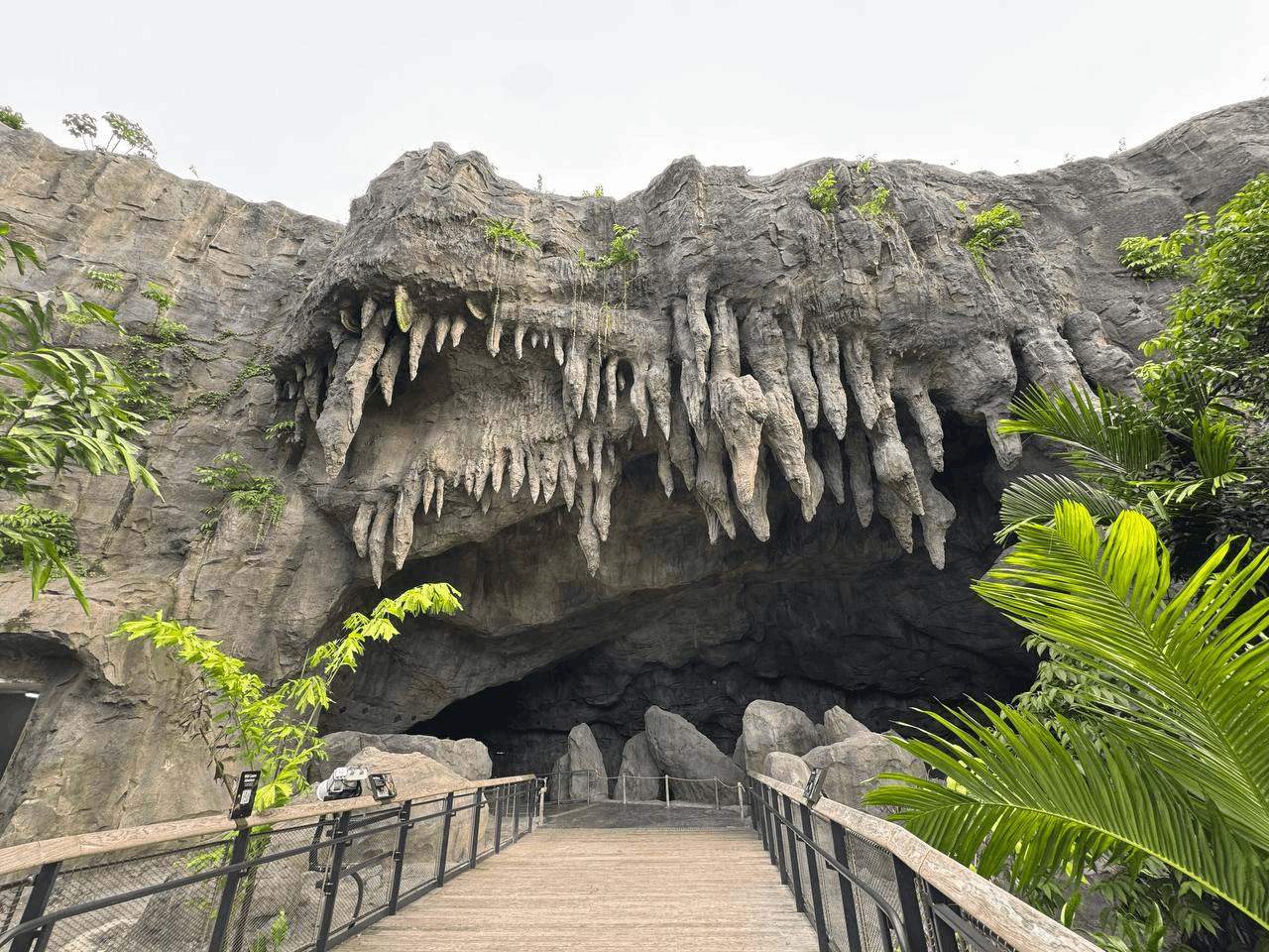 The dramatic, jagged limestone cave entrance at Rainforest Wild Asia in Singapore, featuring a wooden walkway and lush tropical greenery.