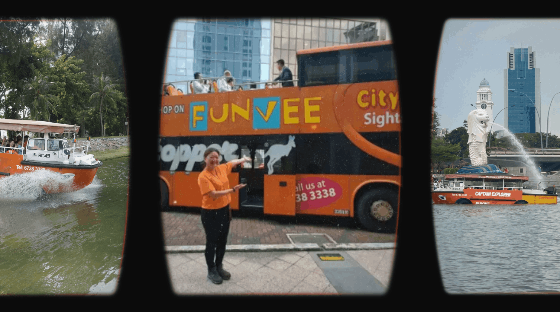 A three-panel collage showing Singapore tourist highlights: on the left, an orange Captain Explorer DUKW amphibious vehicle splashes into the water; in the center, a woman in an orange shirt gestures towards a FunVee City Sightseeing double-decker bus; and on the right, the DUKW vehicle passes the Merlion statue.
