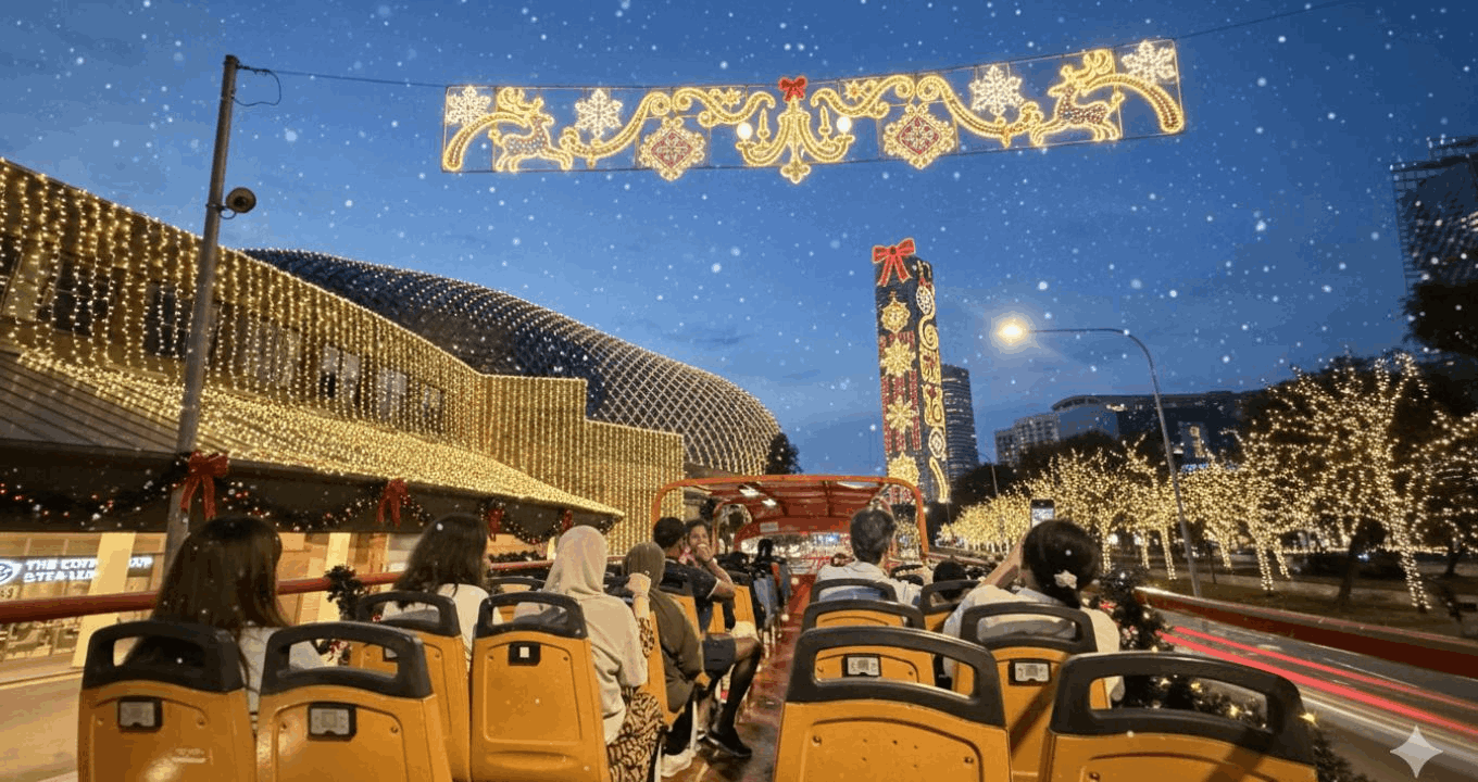 Passengers on an open-top bus tour viewing the festive Christmas light decorations at night, with the Esplanade in Marina Bay in the background.