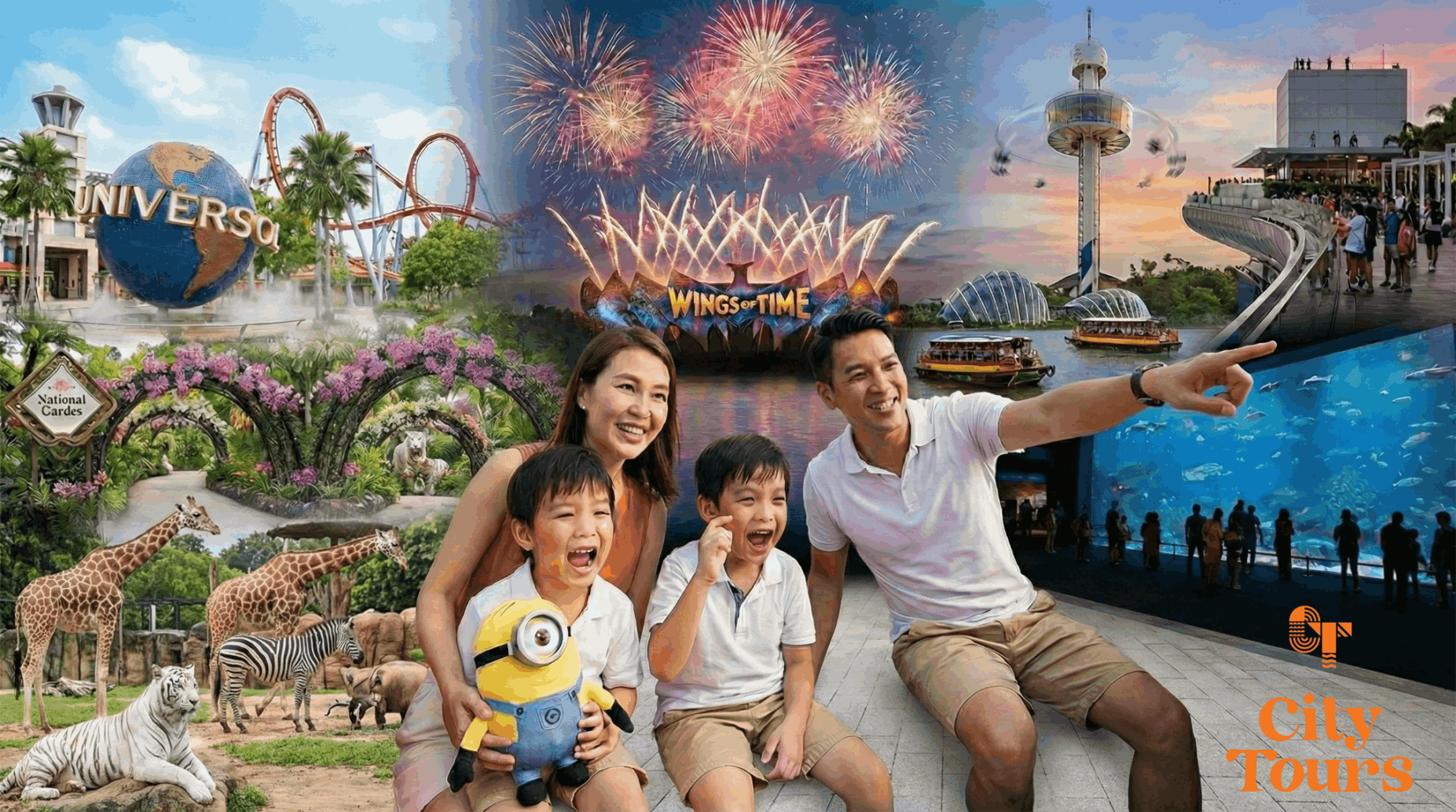 Happy family exploring top Singapore attractions including Universal Studios, Singapore Zoo animals, and Marina Bay Sands using the Singapore City Pass.