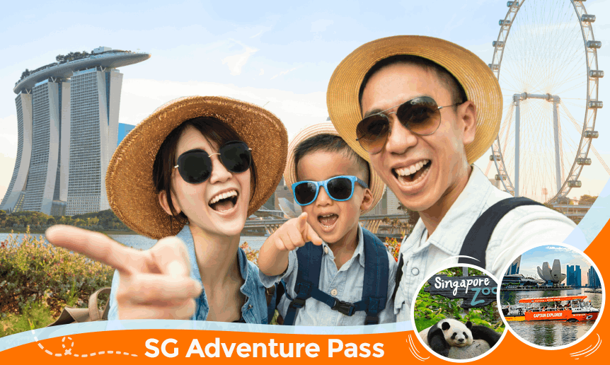 A joyful family, including a young child, pointing excitedly with the iconic Marina Bay Sands and Singapore Flyer in the background, to promote the Singapore City Pass with Universal Studios.