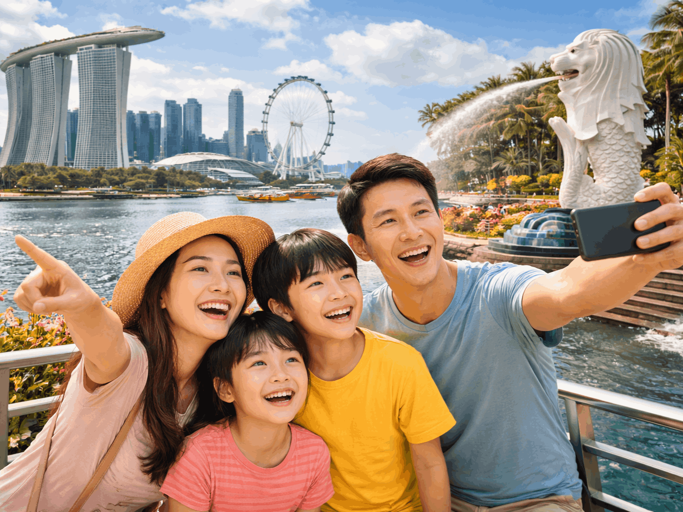 Happy family with two children enjoying a day out at Marina Bay in Singapore, with the Merlion, Marina Bay Sands and Singapore Flyer in the background.
