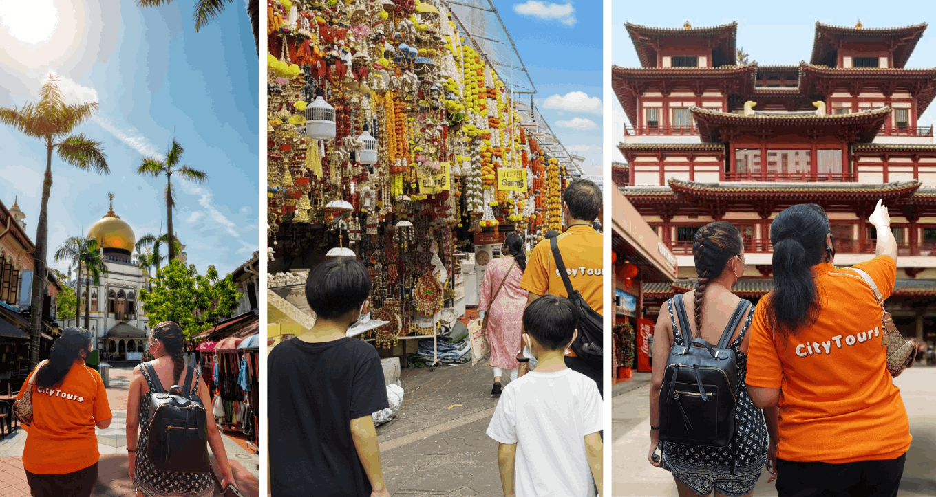 Visitors with tour guide exploring Chinatown, Little India and Arab street market decorated with hanging lanterns, surrounded by shops and vibrant cultural stalls.