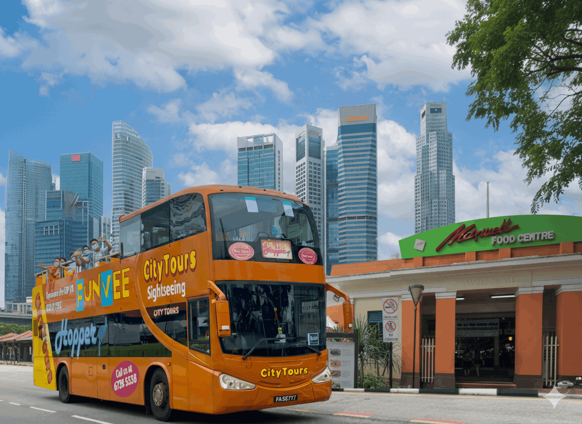 Visitors dining and exploring the busy Maxwell Food Centre in Singapore, surrounded by popular hawker stalls serving local favourites like Hainanese chicken rice and oyster cake.