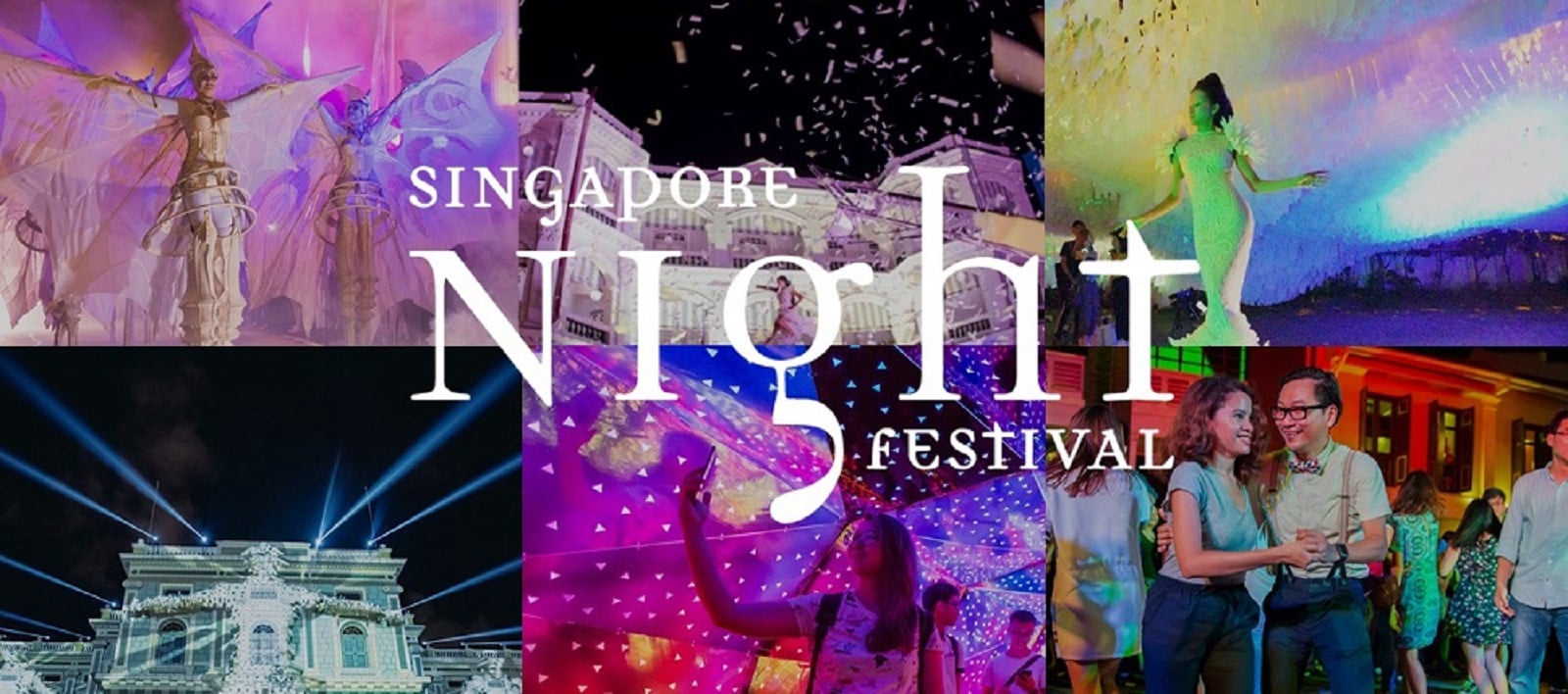 Montage of vibrant performances and light installations at the Singapore Night Festival, featuring dancers, projection art, and festive crowds.