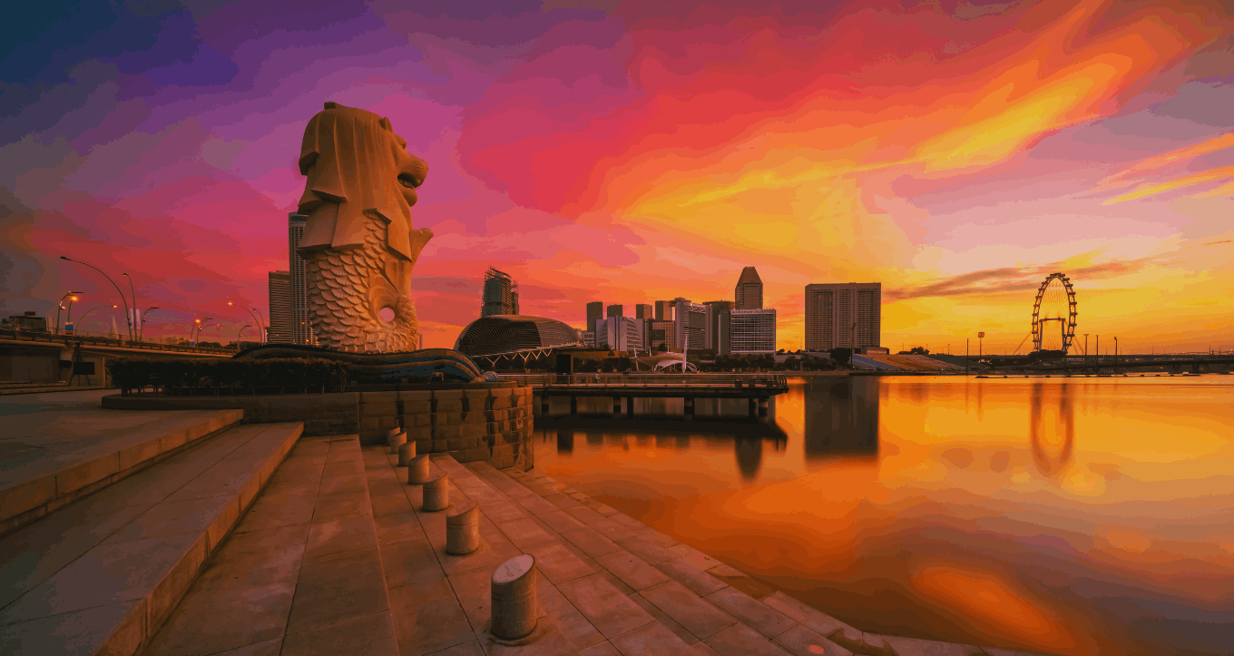 Singapore city skyline at night with vibrant lights, nightlife spots, and people enjoying the evening