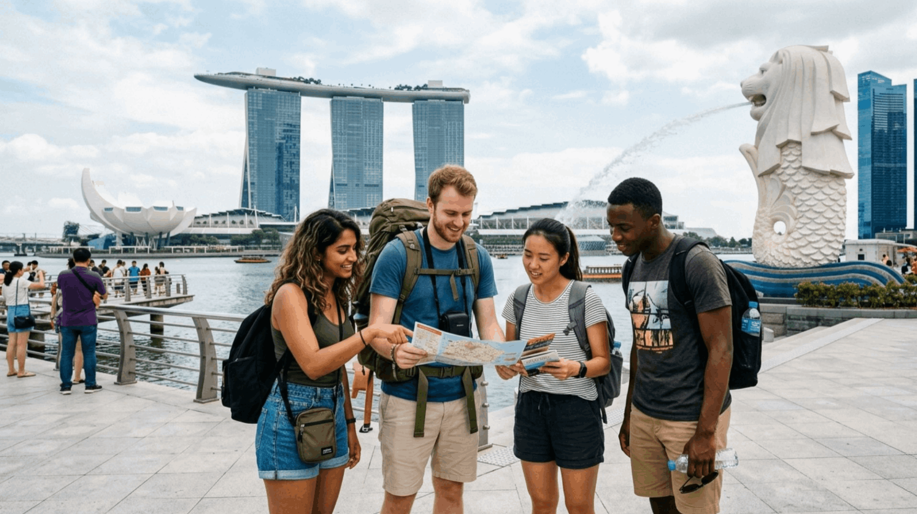 Tourists planning their Singapore trip with a map at Merlion Park, with Marina Bay Sands and the Merlion in the background.