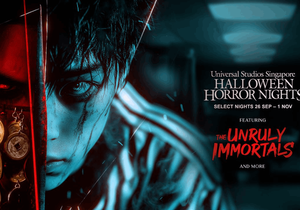 Promotional poster for Universal Studios Singapore Halloween Horror Nights 13 featuring The Unruly Immortals, with a split-face design in red and blue tones.